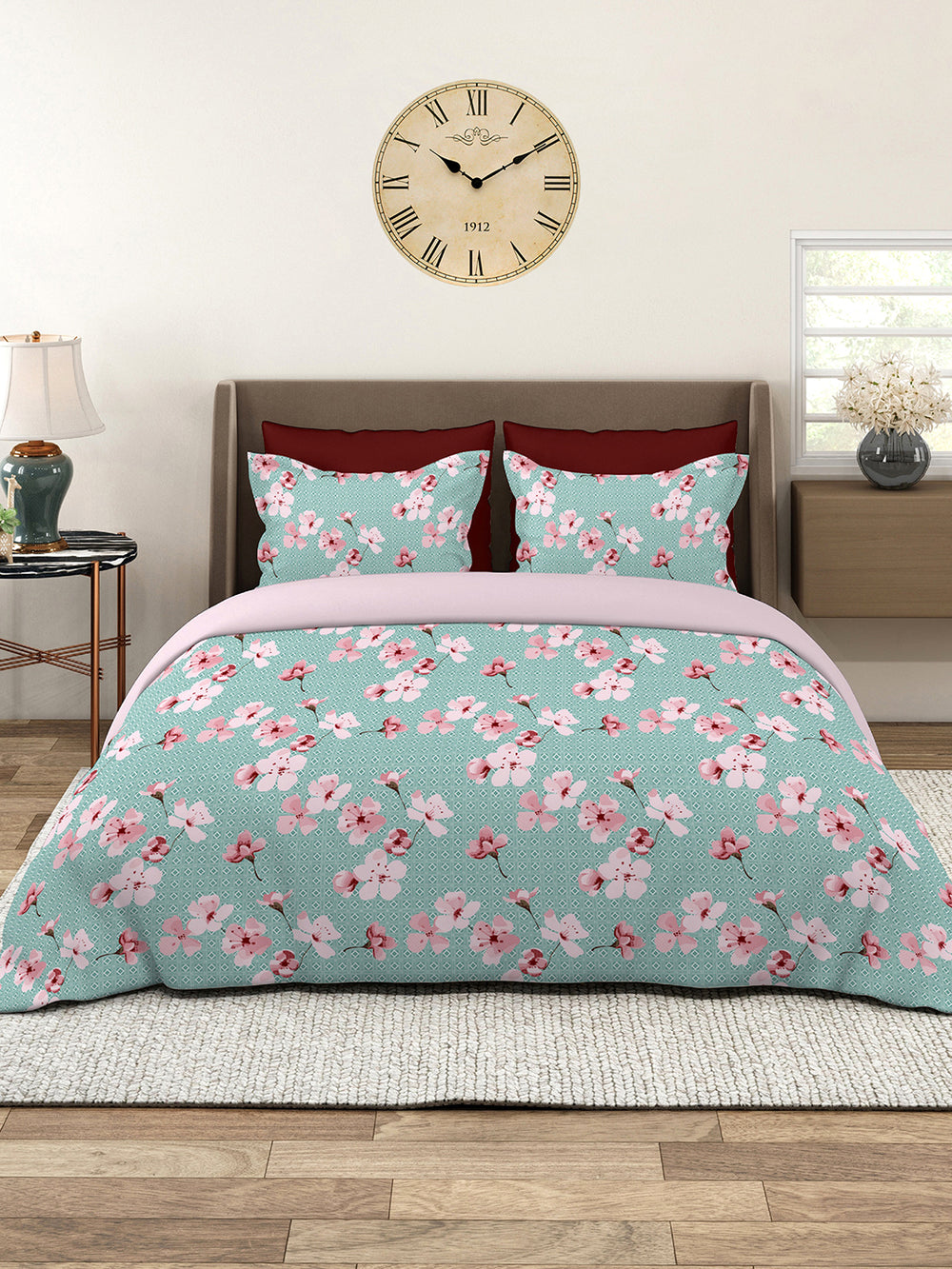 Lumina Floret 1 100% Cotton 144 TC Blue Pink Floral 1 King Size Bedsheet with 2 Pillow Covers
