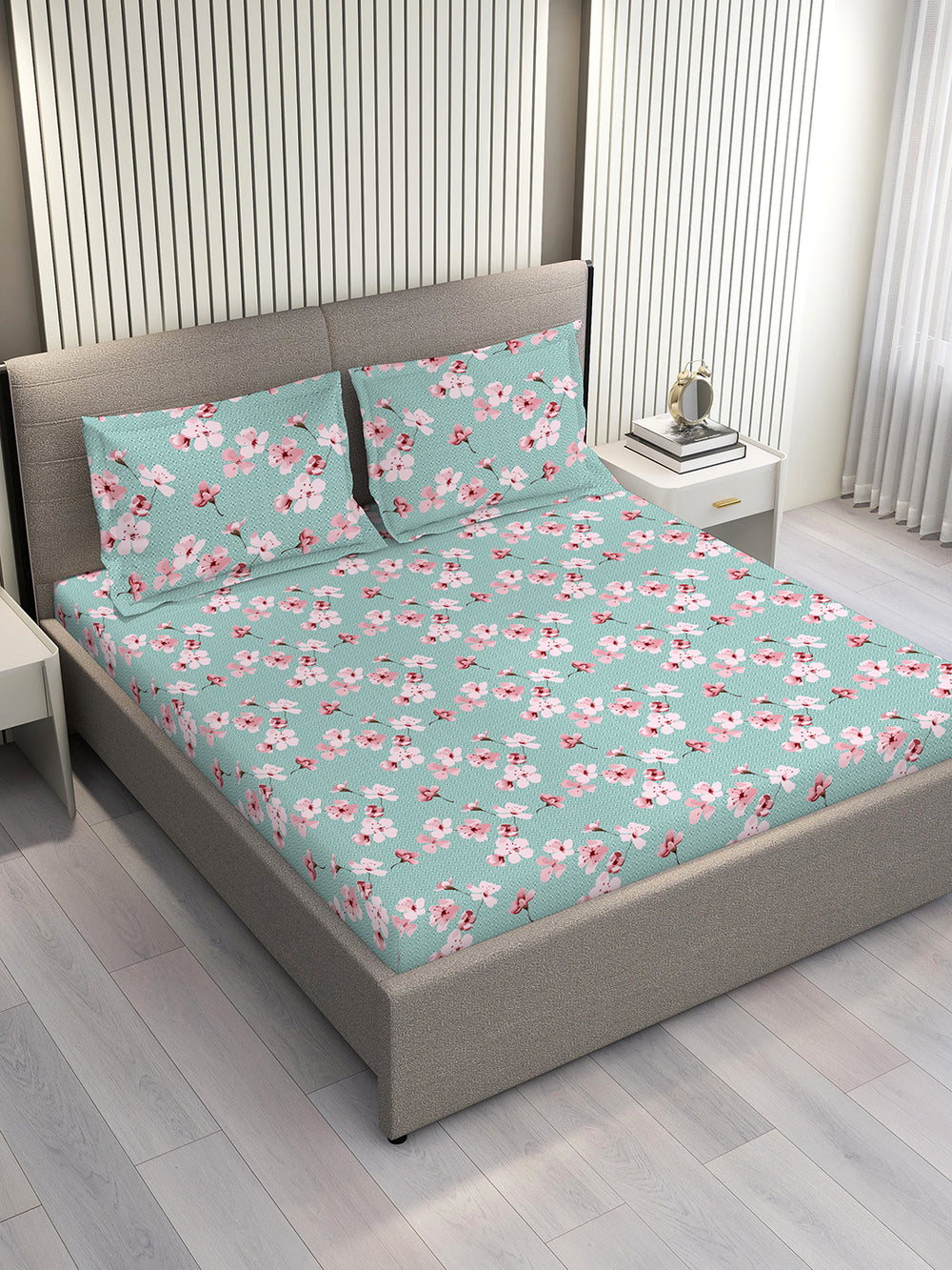 Lumina Floret 1 100% Cotton 144 TC Blue Pink Floral 1 King Size Bedsheet with 2 Pillow Covers