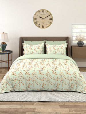 Home Easy 100% Cotton 144 TC Light Green Floral 1 King Size Bedsheet with 2 Pillow Covers