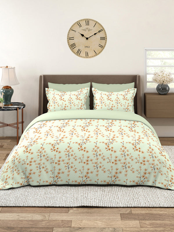 Home Easy 100% Cotton 144 TC Light Green Floral 1 King Size Bedsheet with 2 Pillow Covers