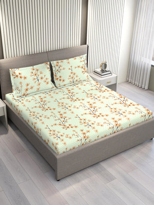 Home Easy 100% Cotton 144 TC Light Green Floral 1 King Size Bedsheet with 2 Pillow Covers