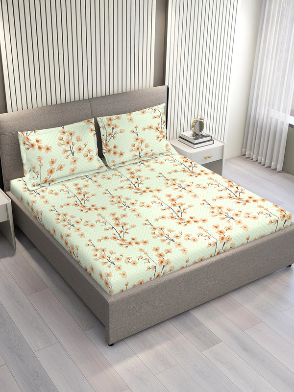Home Easy 100% Cotton 144 TC Light Green Floral 1 King Size Bedsheet with 2 Pillow Covers