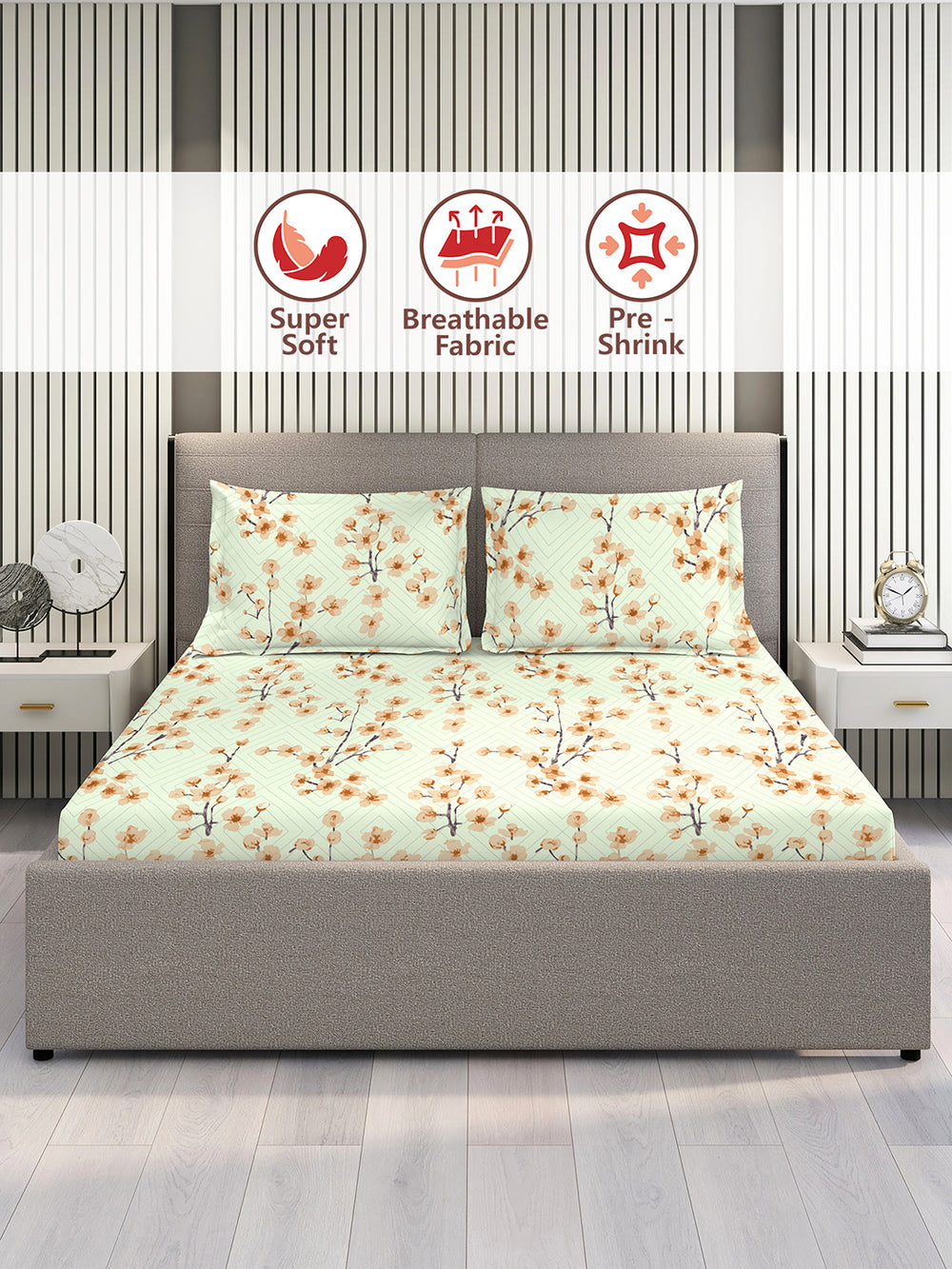 Home Easy 100% Cotton 144 TC Light Green Floral 1 King Size Bedsheet with 2 Pillow Covers