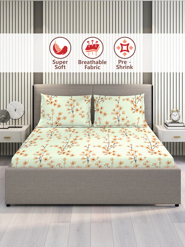 Home Easy 100% Cotton 144 TC Light Green Floral 1 King Size Bedsheet with 2 Pillow Covers