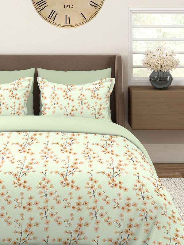 Home Easy 100% Cotton 144 TC Light Green Floral 1 King Size Bedsheet with 2 Pillow Covers
