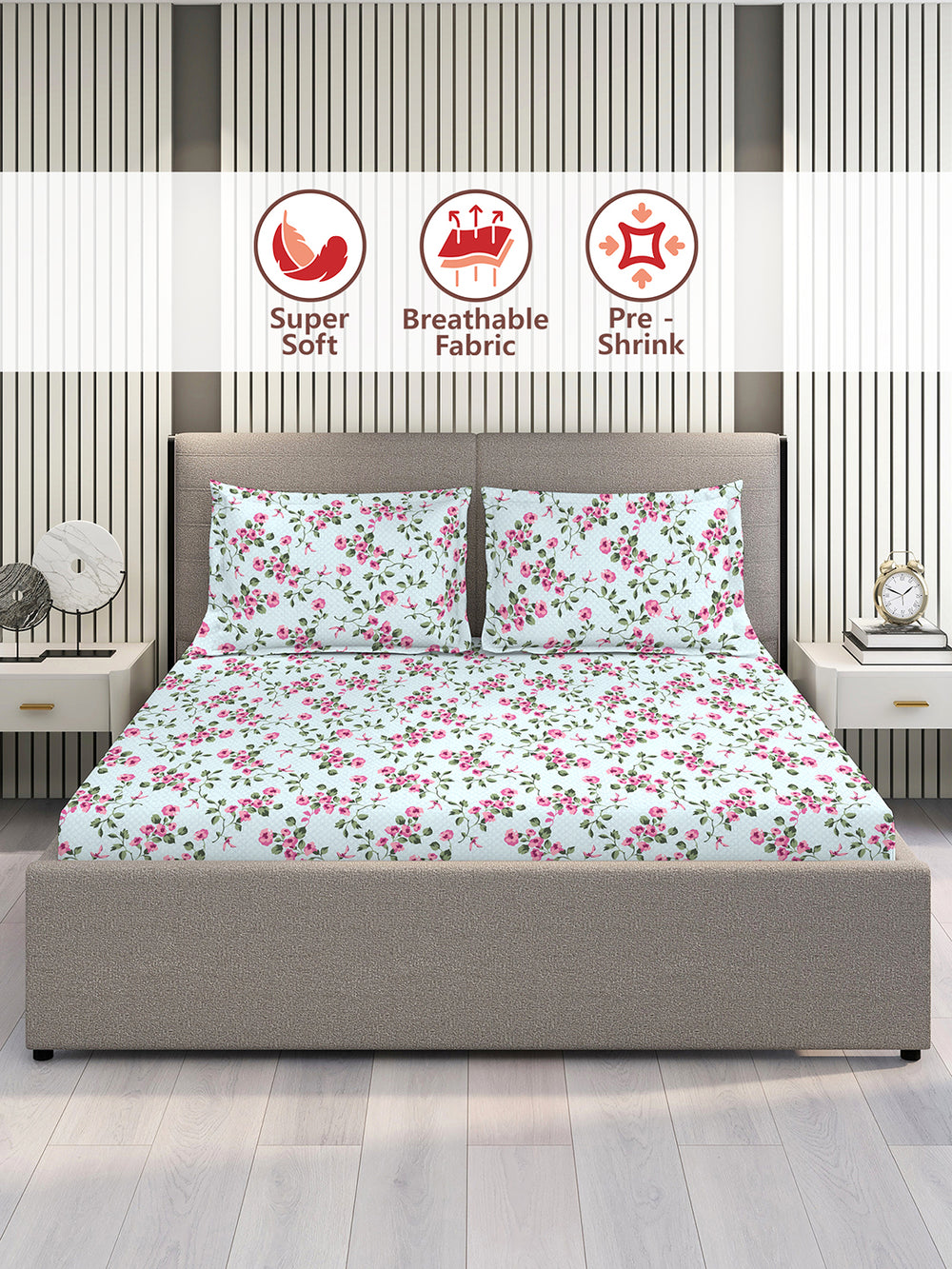 Home Easy 100% Cotton 144 TC Blue Floral 1 King Size Bedsheet with 2 Pillow Covers