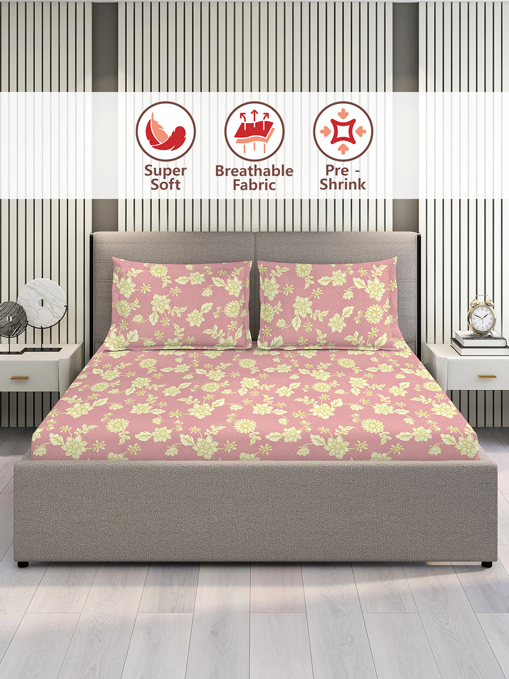 Home Easy 100% Cotton 144 TC Pink Floral 1 King Size Bedsheet with 2 Pillow Covers