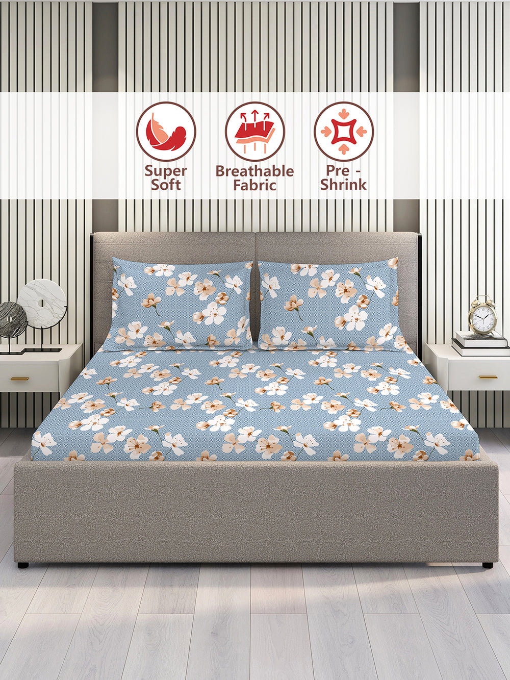 Home Easy 100% Cotton 144 TC Blue Floral 1 King Size Bedsheet with 2 Pillow Covers