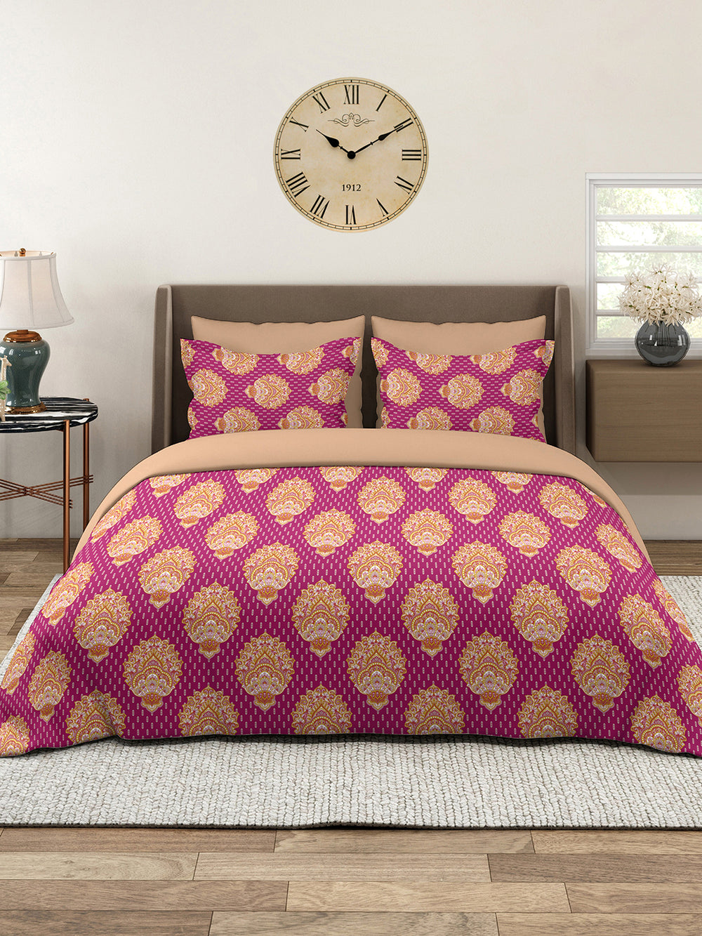 Glory 100% Cotton 144 TC Magenta Ethnic 1 Double Size Bedsheet with 2 Pillow Covers