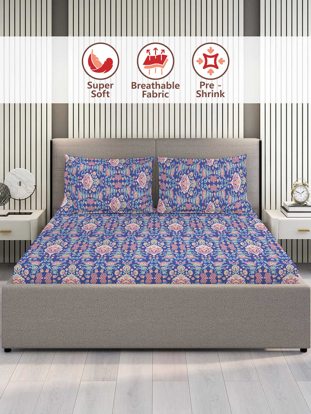 Glory 100% Cotton 144 TC Blue Ethnic 1 Double Size Bedsheet with 2 Pillow Covers