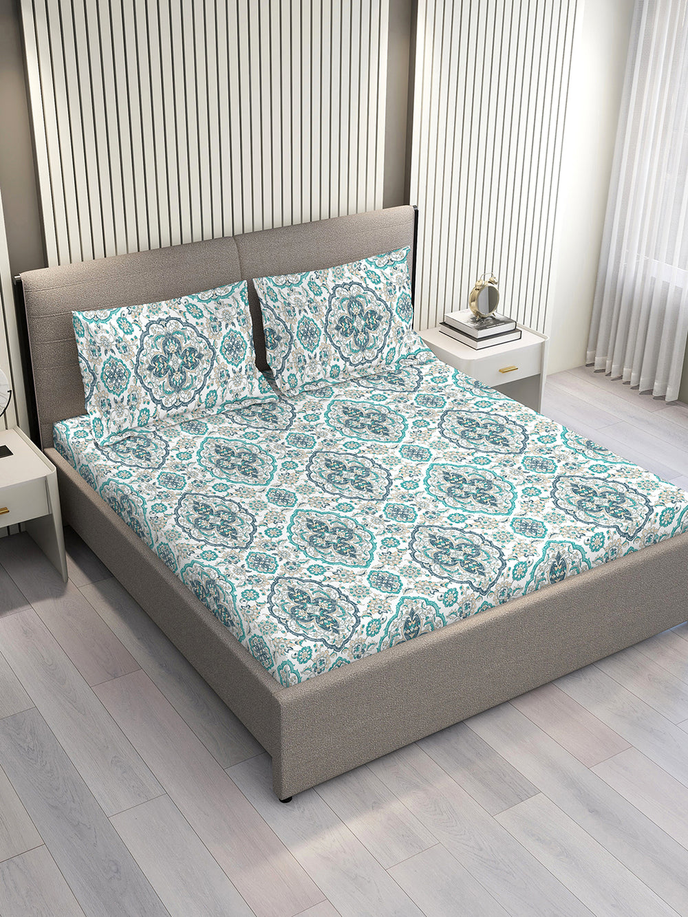 Glory 100% Cotton 144 TC Blue Ethnic 1 Double Size Bedsheet with 2 Pillow Covers