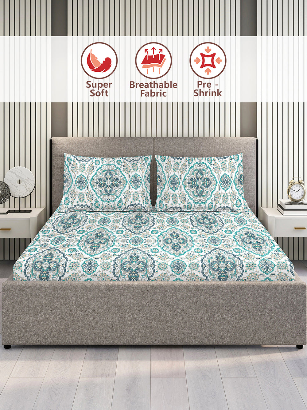 Glory 100% Cotton 144 TC Blue Ethnic 1 Double Size Bedsheet with 2 Pillow Covers