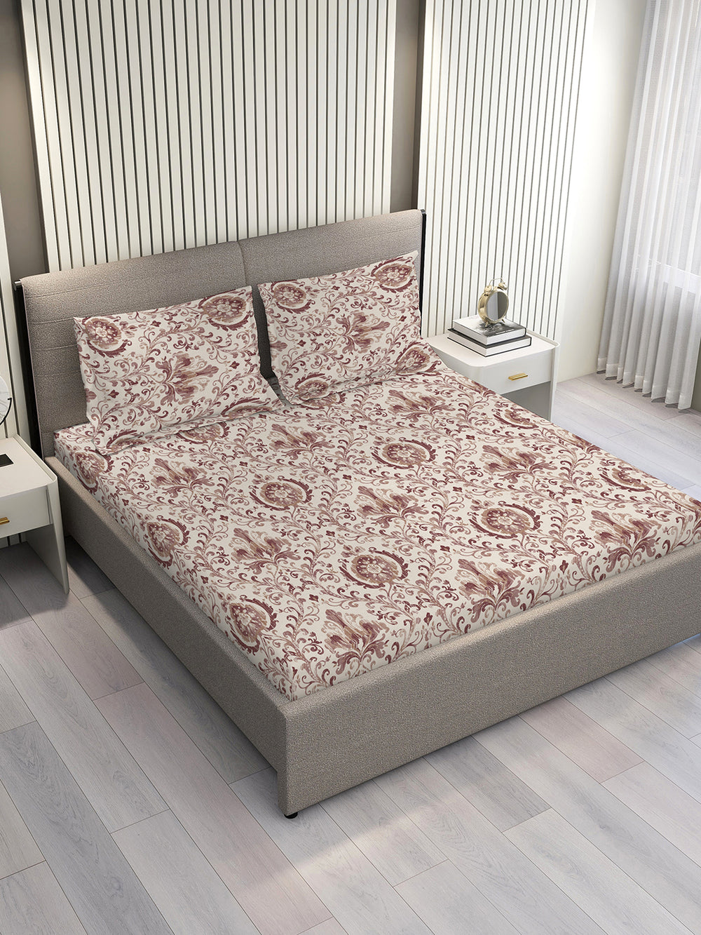 Illuminating Homes 100% Cotton 144 TC Brown Ethnic 1 Double Size Bedsheet with 2 Pillow Covers