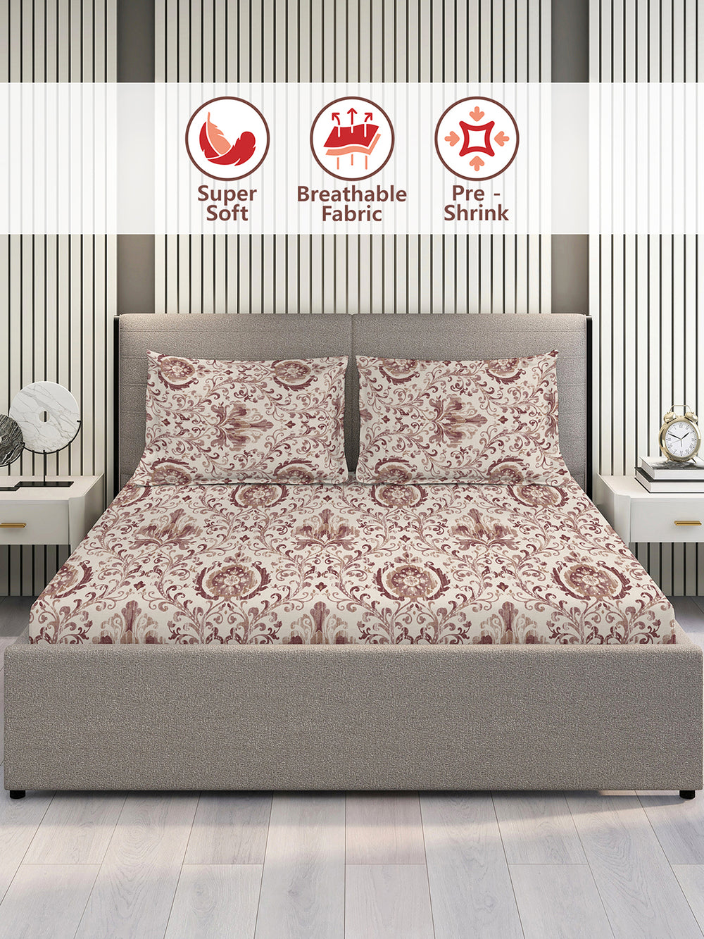 Illuminating Homes 100% Cotton 144 TC Brown Ethnic 1 Double Size Bedsheet with 2 Pillow Covers