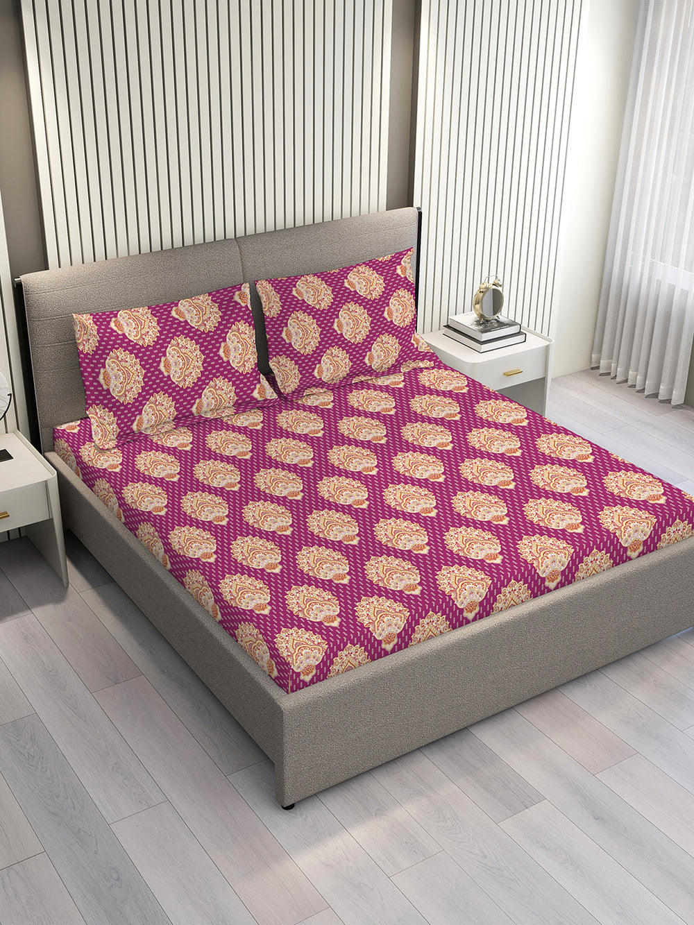 Illuminating Homes 100% Cotton 144 TC Magenta Ethnic 1 Double Size Bedsheet with 2 Pillow Covers