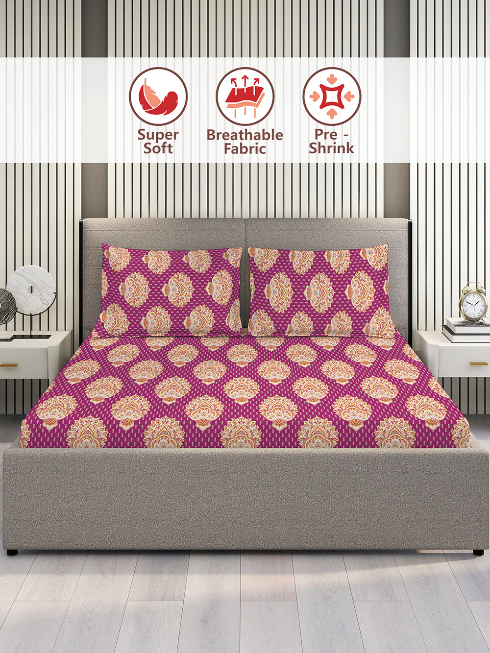 Illuminating Homes 100% Cotton 144 TC Magenta Ethnic 1 Double Size Bedsheet with 2 Pillow Covers