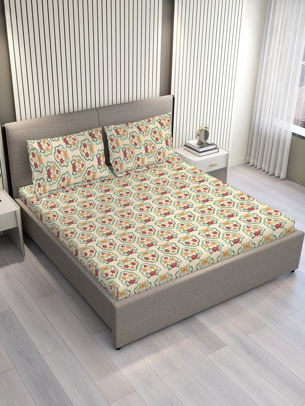 Basicx 100% Cotton 120 TC Beige Floral 1 Double Size Bedsheet with 2 Pillow Covers