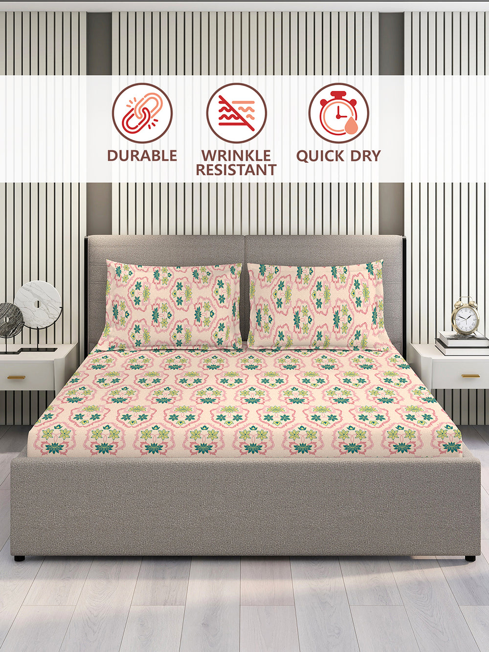 Basicx 100% Cotton 120 TC Pink Floral 1 Double Size Bedsheet with 2 Pillow Covers