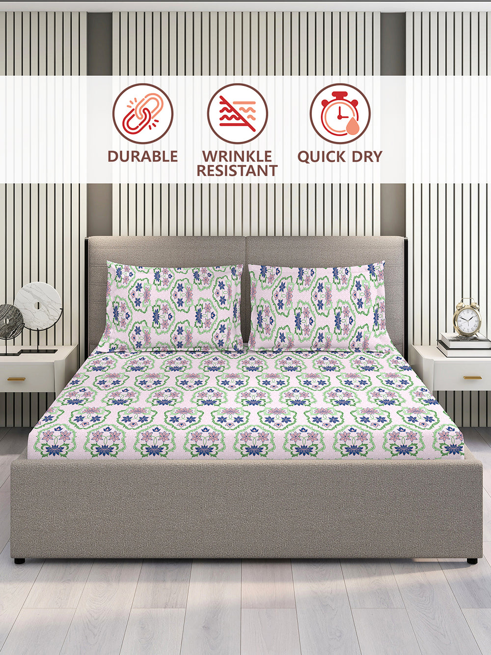 Basicx 100% Cotton 120 TC Purple Floral 1 Double Size Bedsheet with 2 Pillow Covers