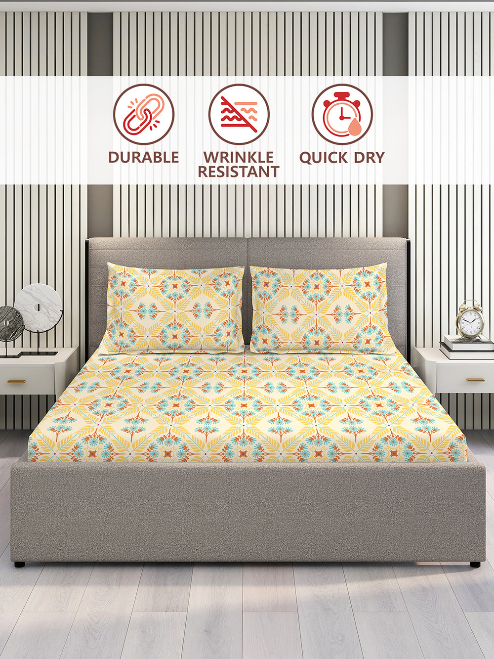 Basicx 100% Cotton 120 TC Yellow Floral 1 Double Size Bedsheet with 2 Pillow Covers