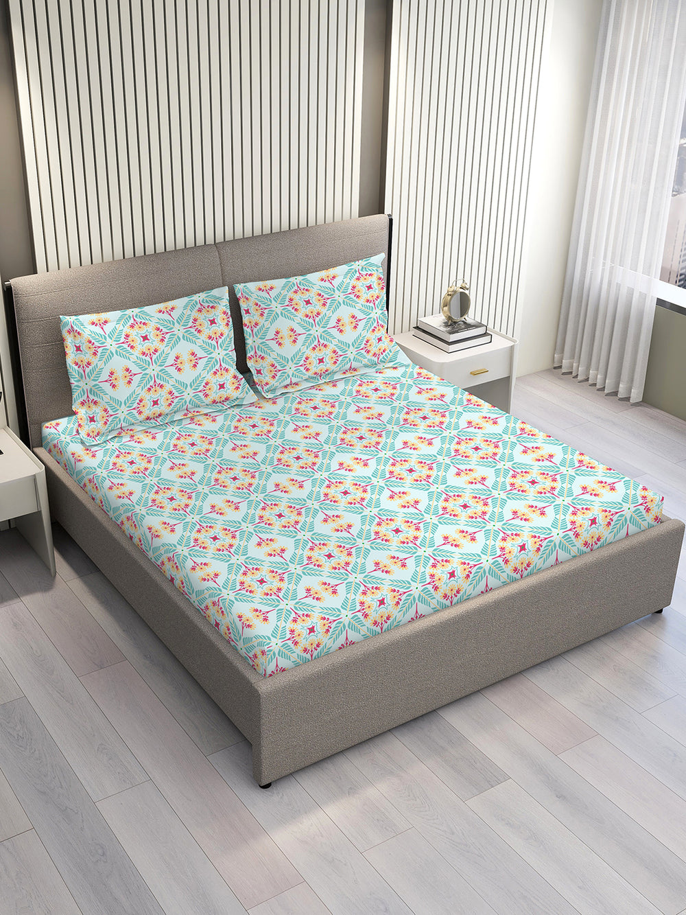 Basicx 100% Cotton 120 TC Blue Floral 1 Double Size Bedsheet with 2 Pillow Covers