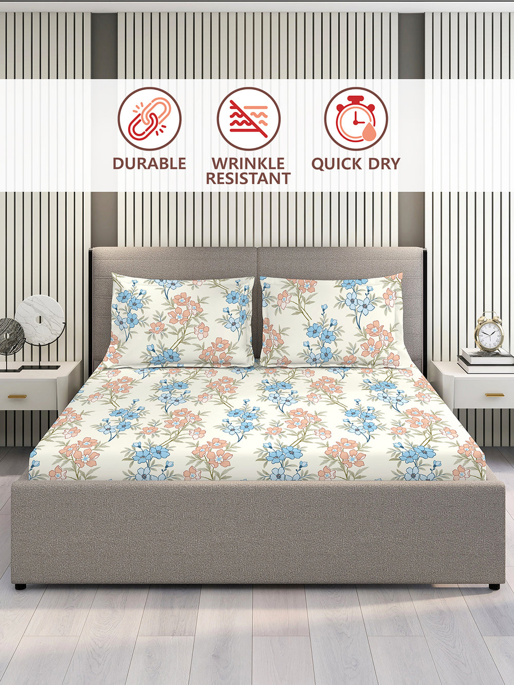 Basicx 100% Cotton 120 TC Multicolor Floral 1 Double Size Bedsheet with 2 Pillow Covers