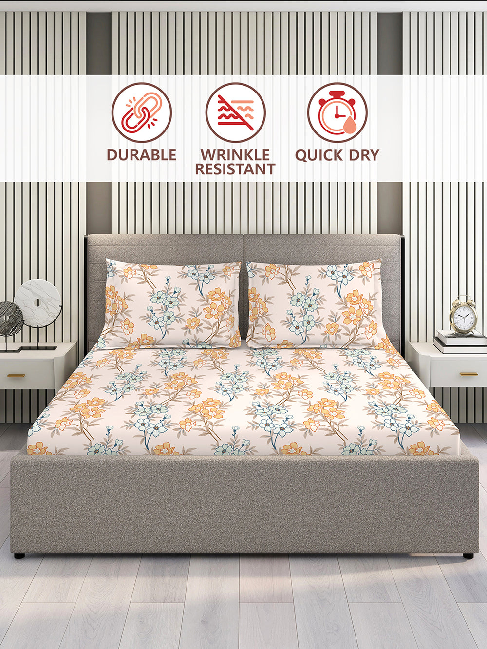 Basicx 100% Cotton 120 TC Beige Floral 1 Double Size Bedsheet with 2 Pillow Covers