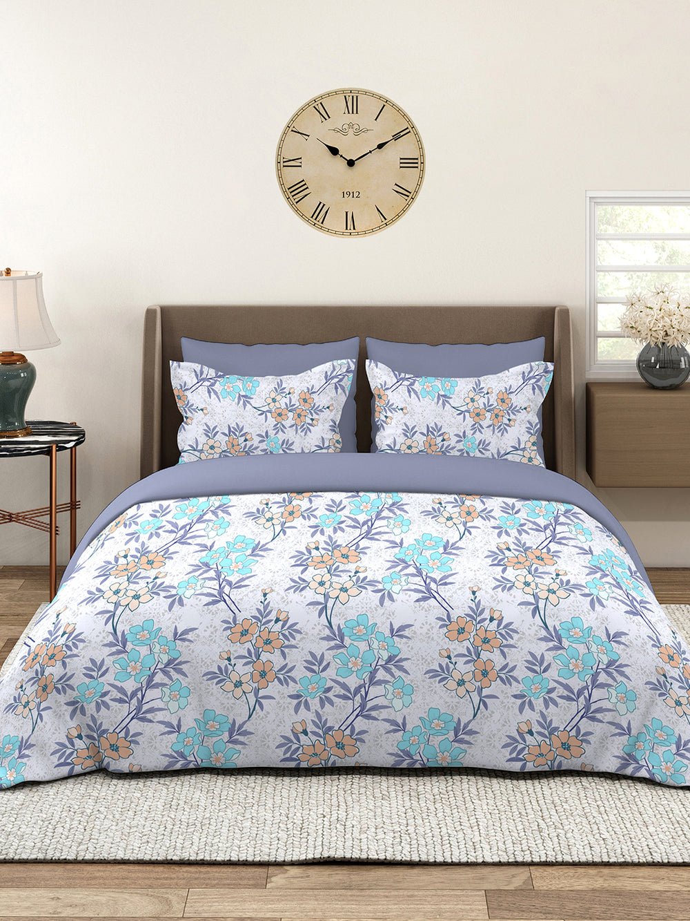 Basicx 100% Cotton 120 TC Blue Floral 1 Double Size Bedsheet with 2 Pillow Covers