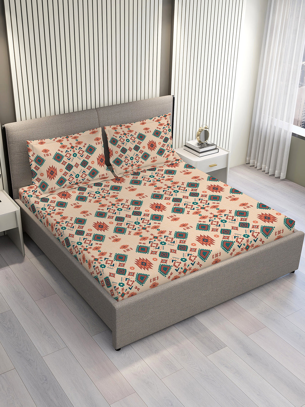 Basicx 100% Cotton 120 TC Beige Ethnic 1 Double Size Bedsheet with 2 Pillow Covers