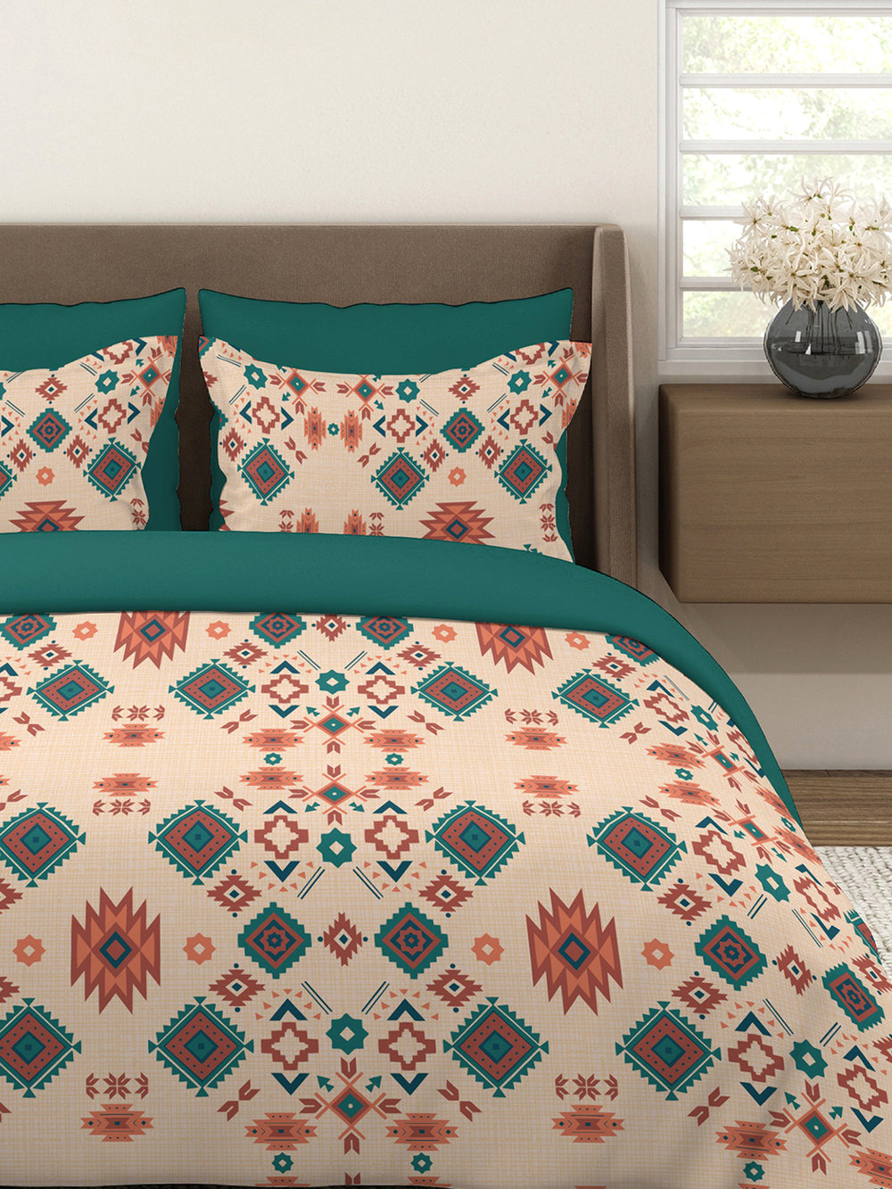 Basicx 100% Cotton 120 TC Beige Ethnic 1 Double Size Bedsheet with 2 Pillow Covers