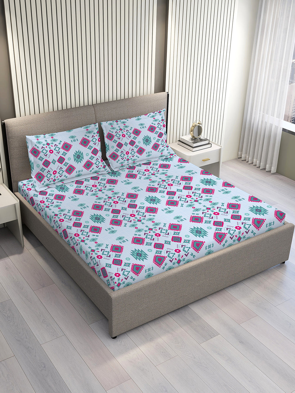 Basicx 100% Cotton 120 TC Blue Ethnic 1 Double Size Bedsheet with 2 Pillow Covers