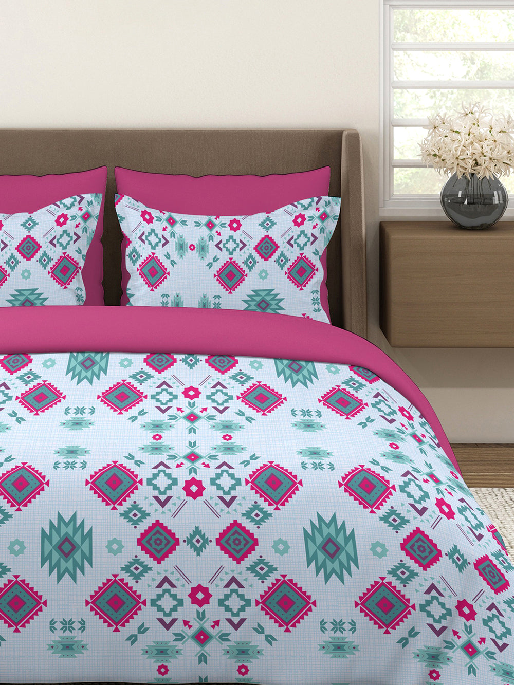 Basicx 100% Cotton 120 TC Blue Ethnic 1 Double Size Bedsheet with 2 Pillow Covers