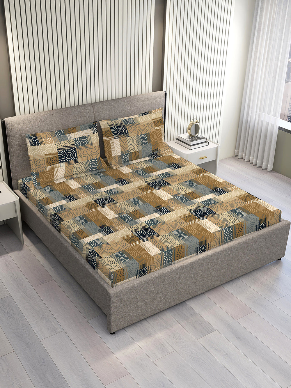 Basicx 100% Cotton 120 TC Brown Geometrical 1 Double Size Bedsheet with 2 Pillow Covers