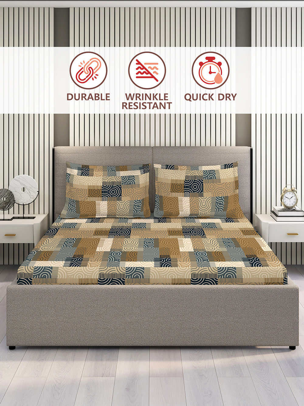 Basicx 100% Cotton 120 TC Brown Geometrical 1 Double Size Bedsheet with 2 Pillow Covers