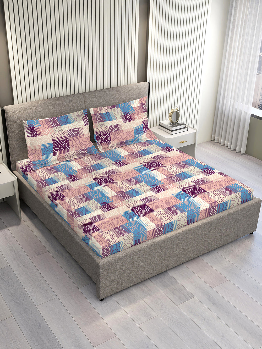Basicx 100% Cotton 120 TC Pink Geometrical 1 Double Size Bedsheet with 2 Pillow Covers
