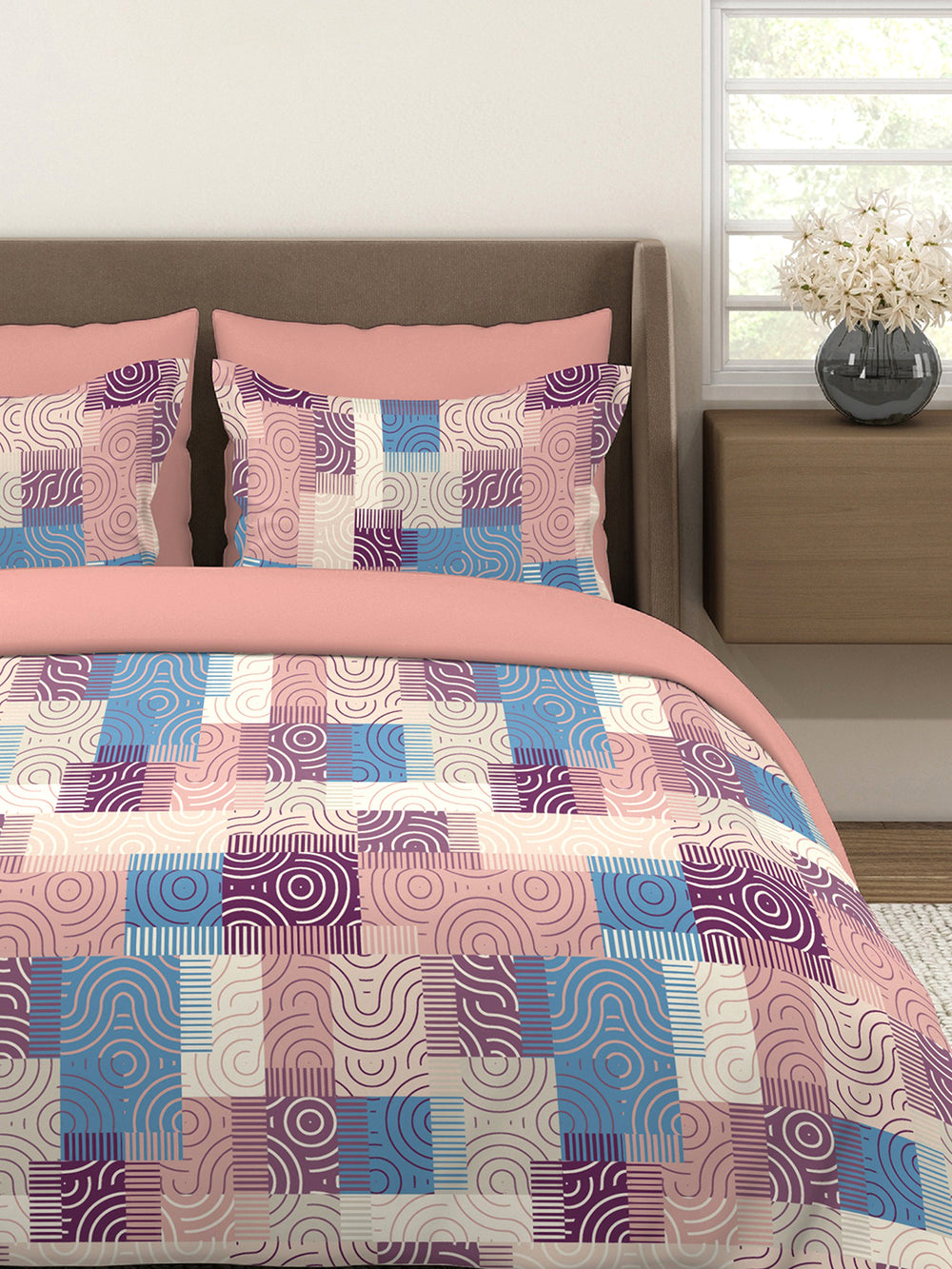 Basicx 100% Cotton 120 TC Pink Geometrical 1 Double Size Bedsheet with 2 Pillow Covers