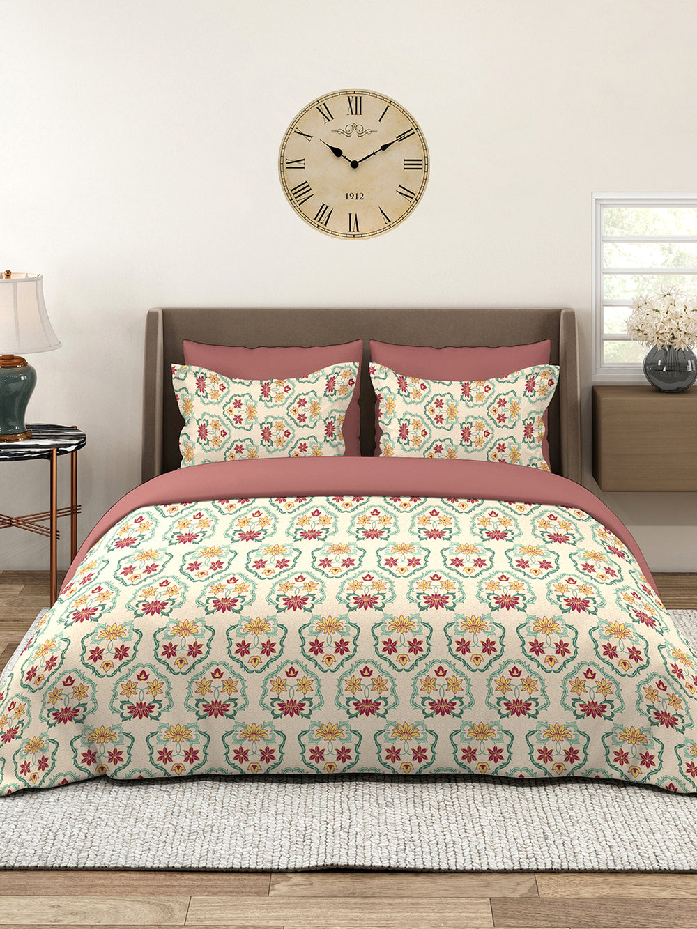 Basicx 100% Cotton 120 TC Beige Floral 1 King Size Bedsheet with 2 Pillow Covers