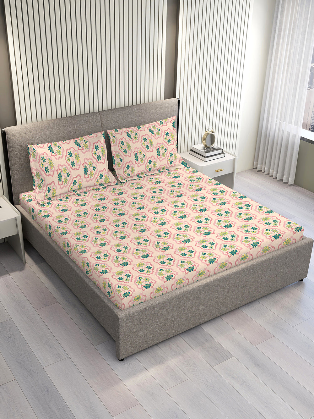Basicx 100% Cotton 120 TC Pink Floral 1 King Size Bedsheet with 2 Pillow Covers