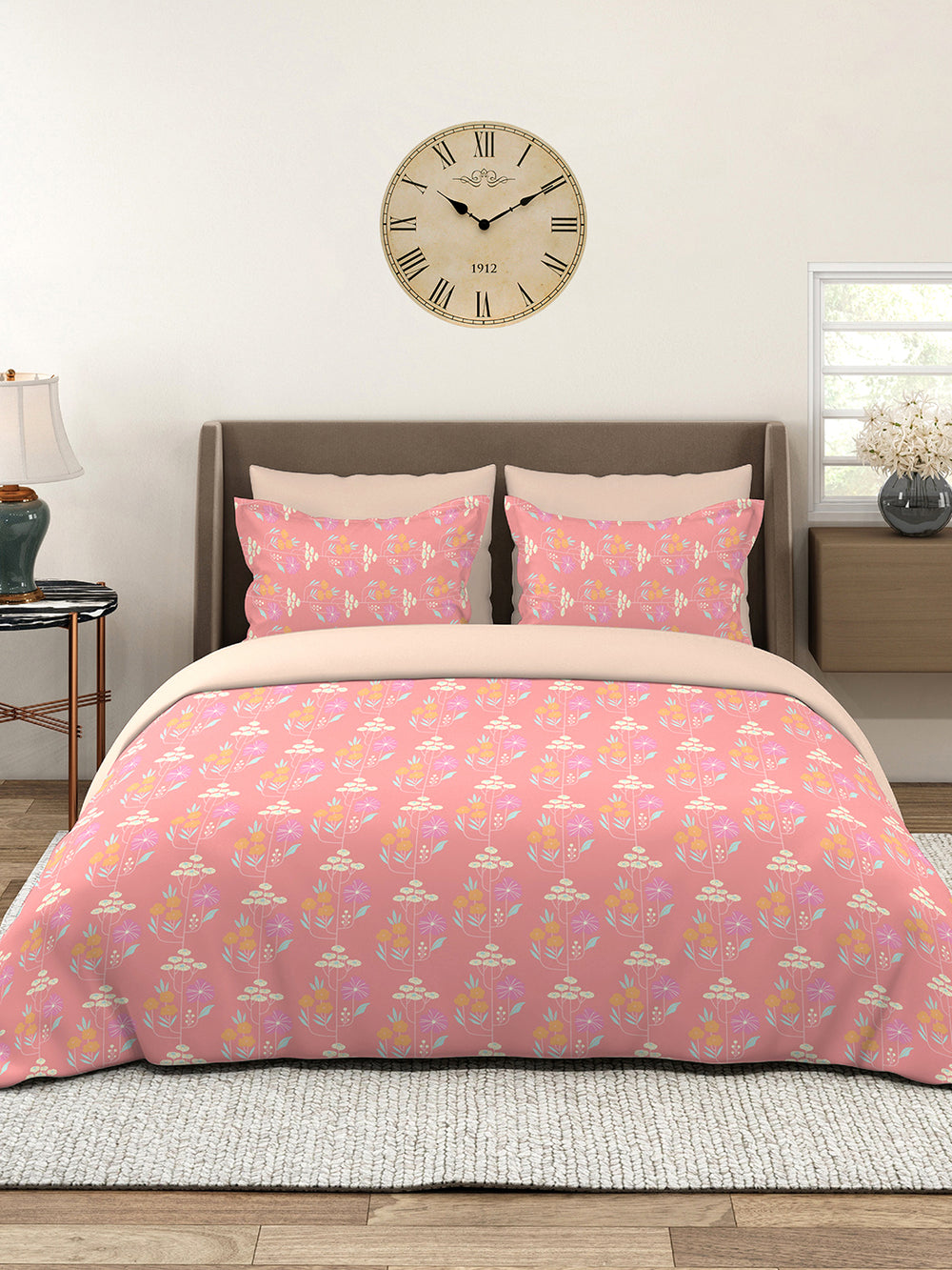 Basicx 100% Cotton 120 TC Pink Floral 1 King Size Bedsheet with 2 Pillow Covers