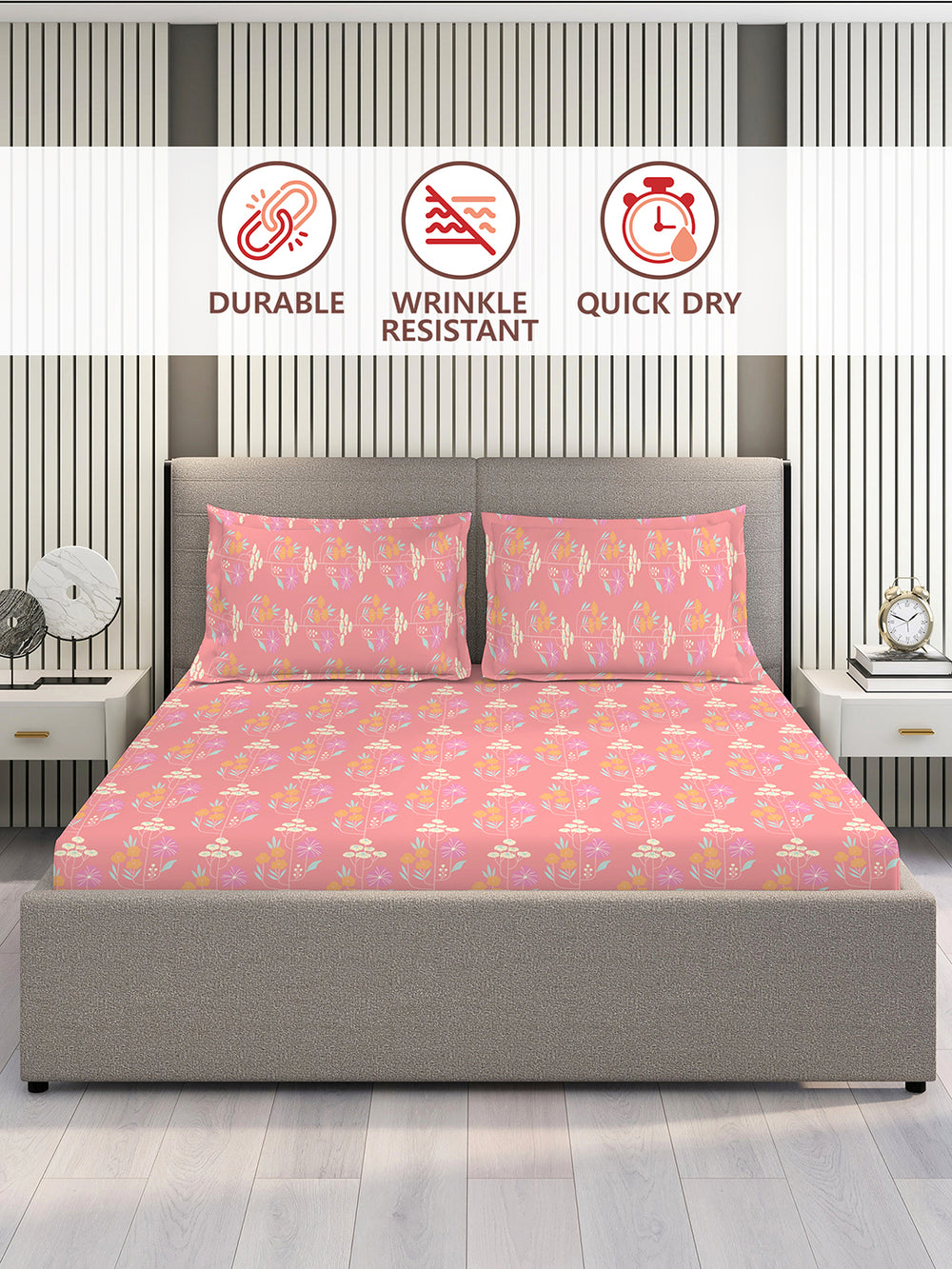 Basicx 100% Cotton 120 TC Pink Floral 1 King Size Bedsheet with 2 Pillow Covers