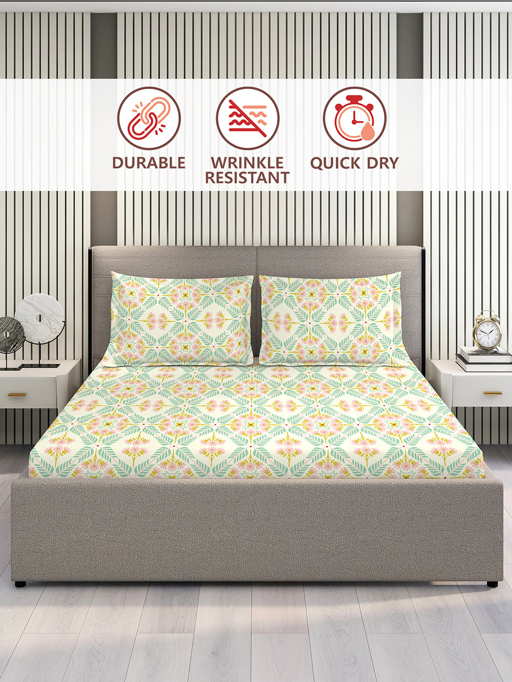 Basicx 100% Cotton 120 TC Multicolor Floral 1 King Size Bedsheet with 2 Pillow Covers