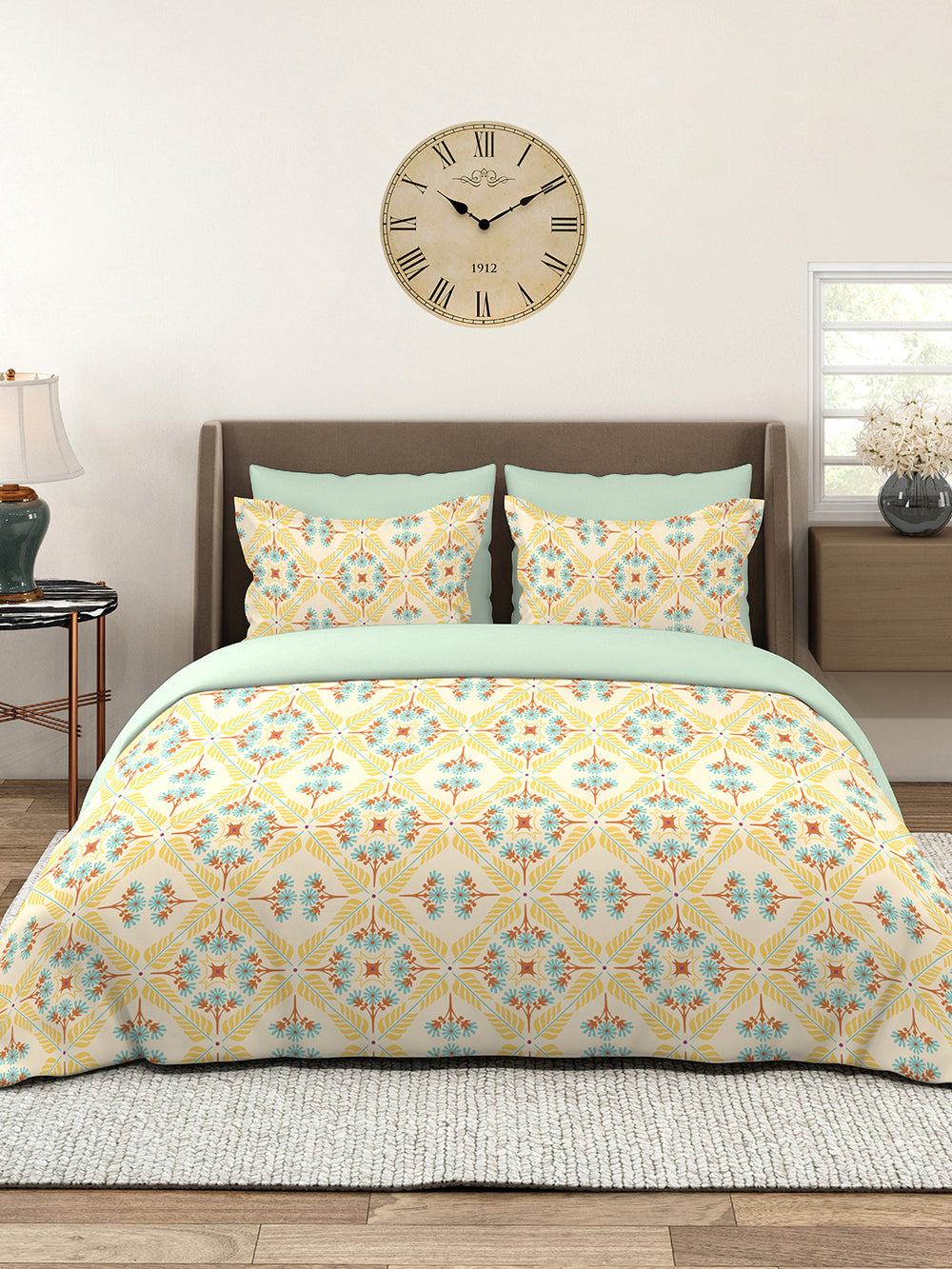 Basicx 100% Cotton 120 TC Yellow Floral 1 King Size Bedsheet with 2 Pillow Covers