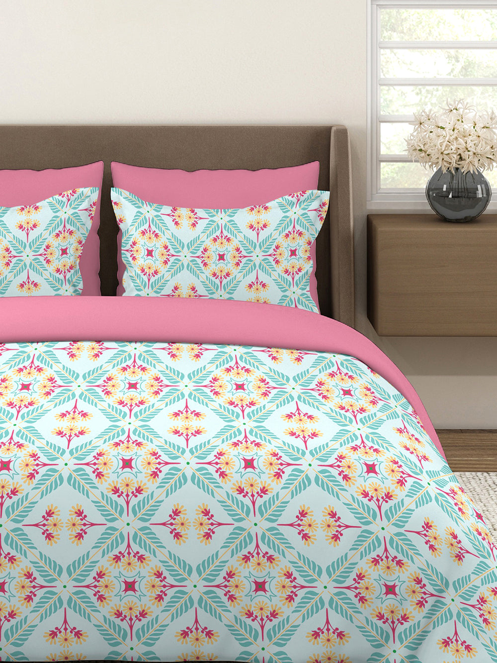 Basicx 100% Cotton 120 TC Blue Floral 1 King Size Bedsheet with 2 Pillow Covers