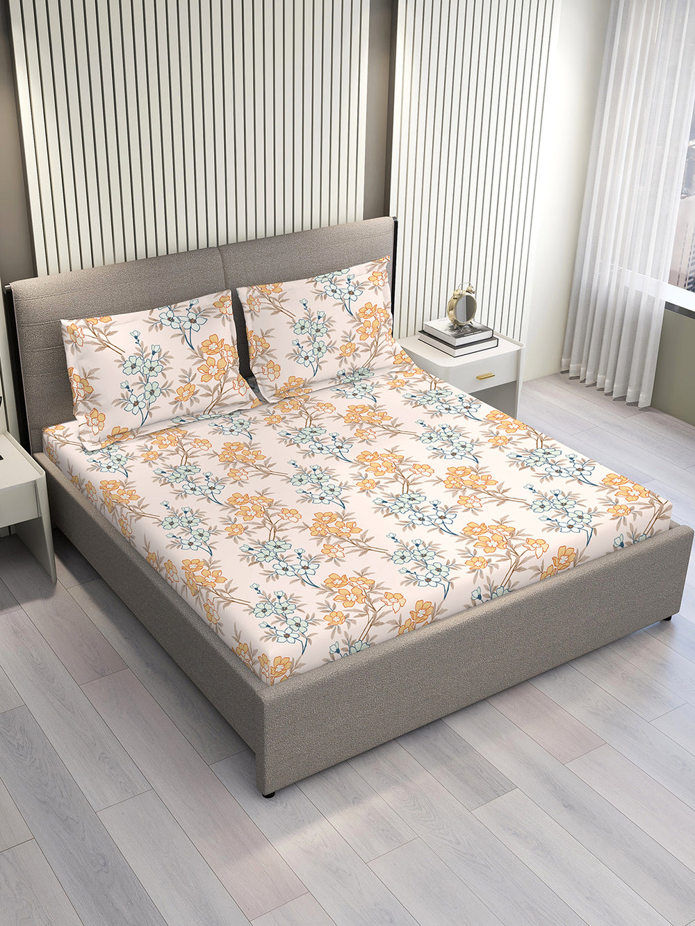 Basicx 100% Cotton 120 TC Multicolor Floral 1 King Size Bedsheet with 2 Pillow Covers