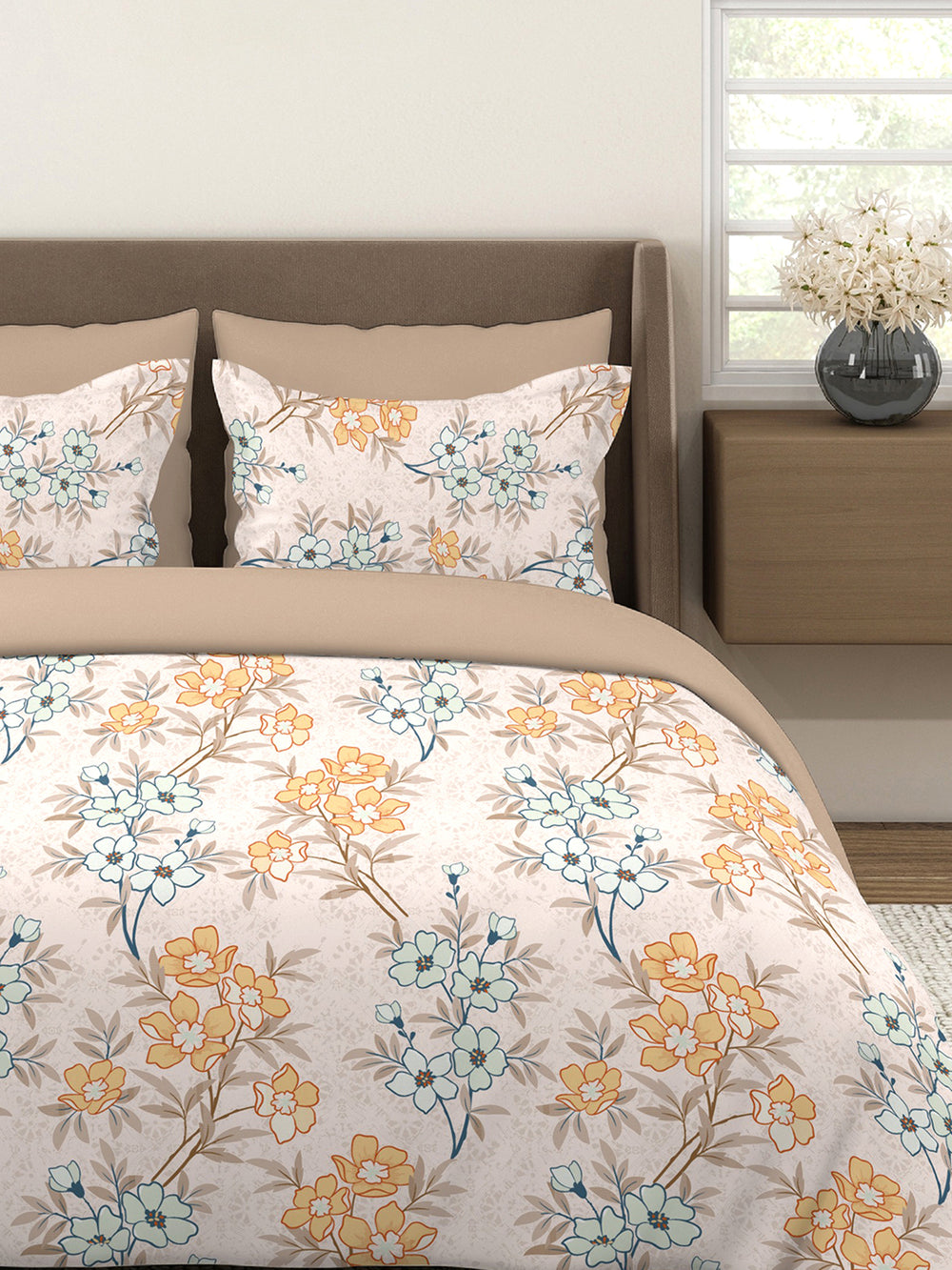 Basicx 100% Cotton 120 TC Multicolor Floral 1 King Size Bedsheet with 2 Pillow Covers