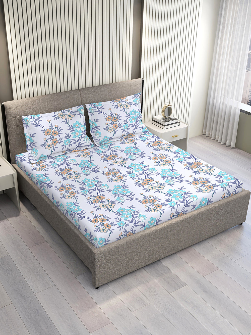 Basicx 100% Cotton 120 TC Blue Floral 1 King Size Bedsheet with 2 Pillow Covers