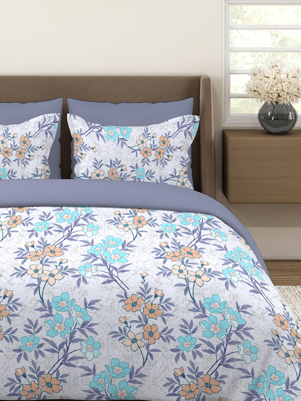 Basicx 100% Cotton 120 TC Blue Floral 1 King Size Bedsheet with 2 Pillow Covers