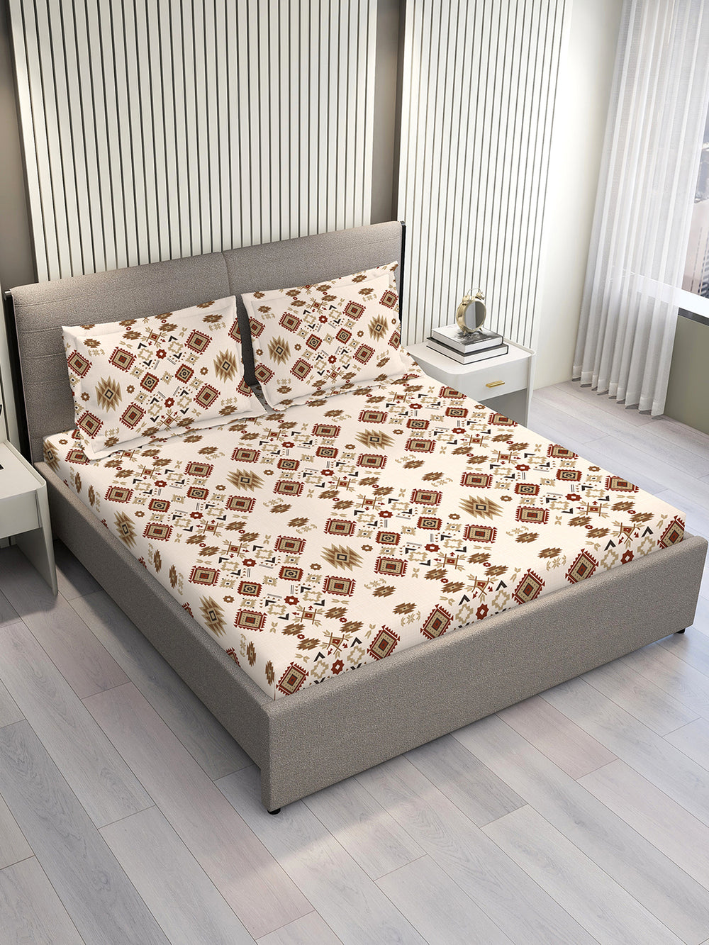 Basicx 100% Cotton 120 TC Beige Brown Ethnic 1 King Size Bedsheet with 2 Pillow Covers