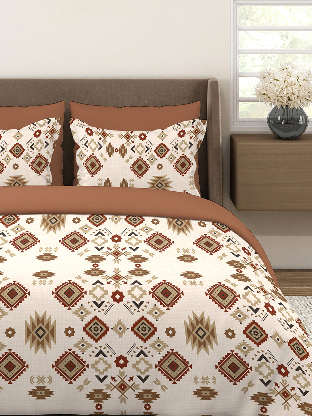 Basicx 100% Cotton 120 TC Beige Brown Ethnic 1 King Size Bedsheet with 2 Pillow Covers