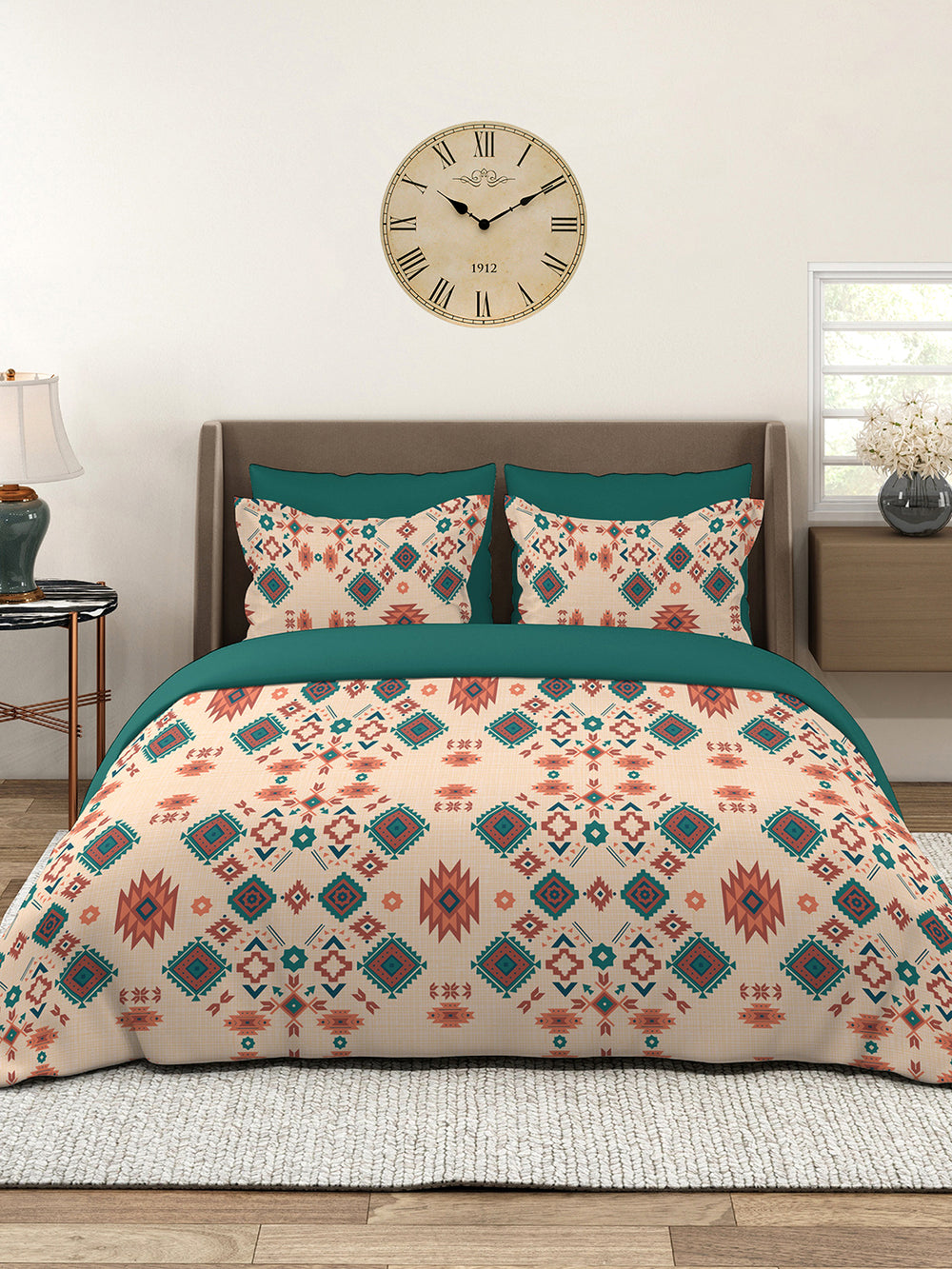 Basicx 100% Cotton 120 TC Beige Ethnic 1 King Size Bedsheet with 2 Pillow Covers